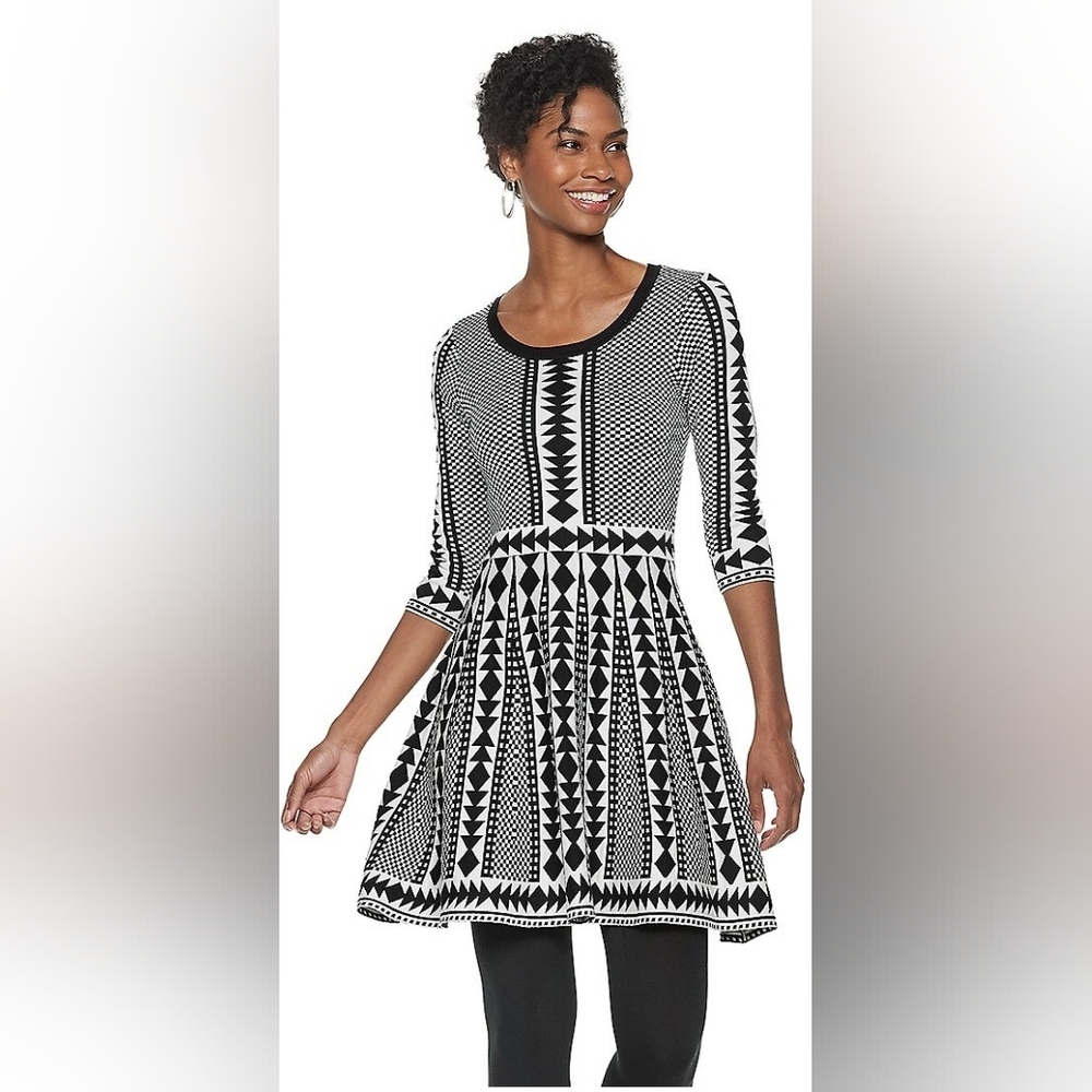 NWT Nina Leonard Women's Fit & Flare Geometric Knit Sweater Dress sz S
